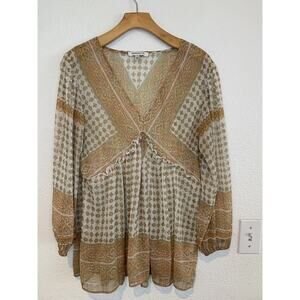 Rose Olive Boho Paisley Print Ruffle V Neck Long Sleeve Blouse Top M‎